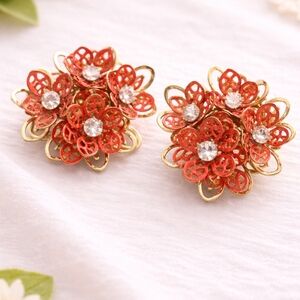 Vintage Style Red & Gold Floral Clip-On Earrings w/ Rhinestones
